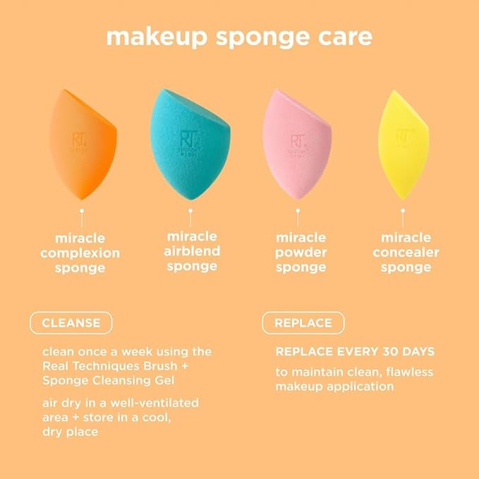 Real Techniques 6 Pack Assorted Makeup Blending Sponges, 3 Miracle Makeup Sponges, For Blending, Baking, And Setting, Use With Foundation & Powder, Dewy or Matte Finish, Cruelty-Free