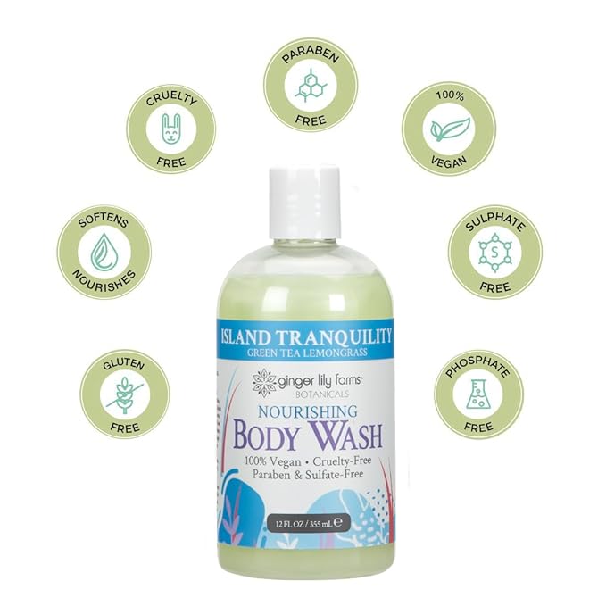 Ginger Lily Farms Botanicals Nourishing Body Wash, Island Tranquility, 100% Vegan & Cruelty-Free, Green Tea & Lemongrass Scent, 12 Fl Oz