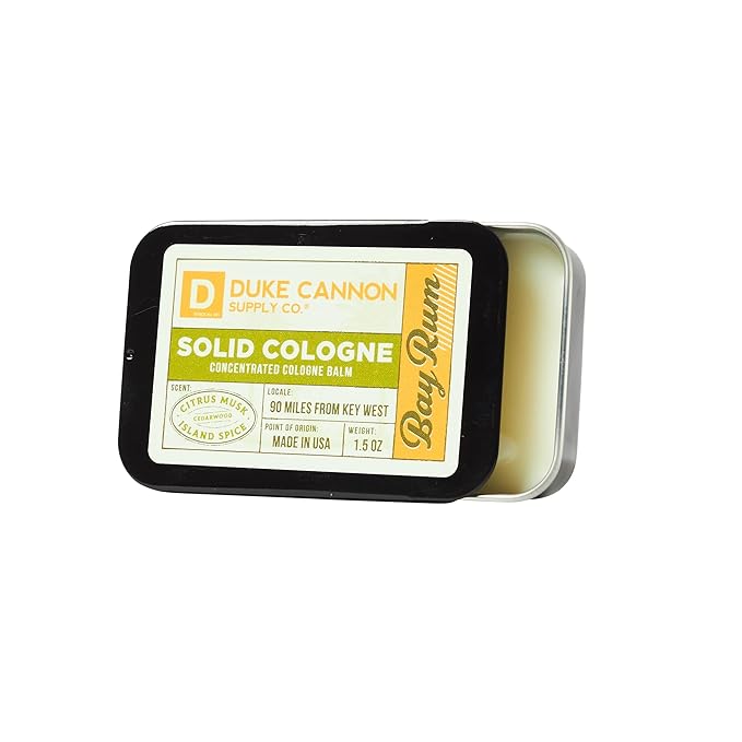 Duke Cannon Supply Co. Solid Cologne for Men Bay Rum (Citrus Musk, Cedarwood, Island Spice) - Concentrated Balm, Travel-Friendly Convenient Tin, 1.5 oz
