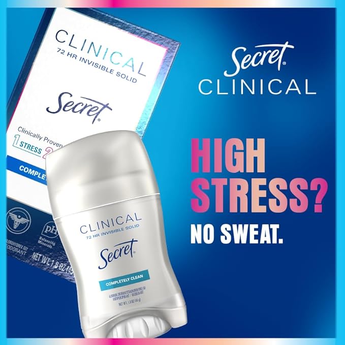 Secret Clinical Strength Antiperspirant Deodorant for Women, Stress Response, 3X Stress Protection, 72hr Sweat & Odor Protection, PH Balancing Minerals, Invisible Solid, 2.6 oz