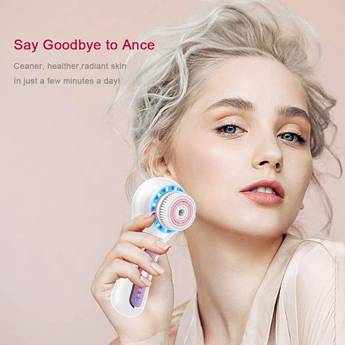 Face Scrubber Exfoliator,Facial Cleansing Brush Rechargeable IPX7 Waterproof with 5 Brush Heads,Electric Face Spin Brush for Exfoliating, Massaging and Deep Cleansing (White+Purple)