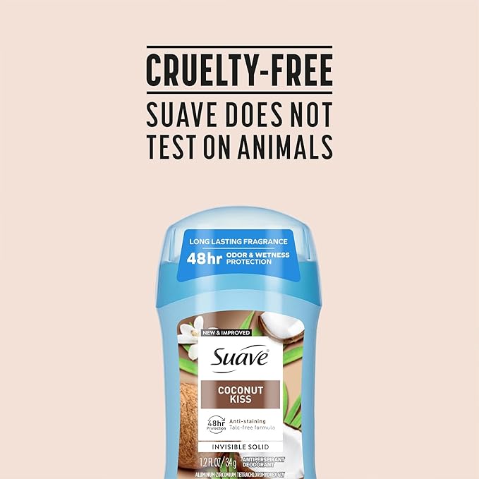 Suave Antiperspirant Deodorant for Women, Coconut Kiss 2-Pack – Anti-Staining Invisible Solid Sticks, Talc-Free, 1.2 Oz Ea