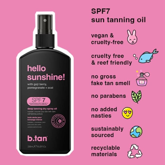 b.tan SPF 7 Deep Tanning Dry Spray | Hello Sunshine Tanning Oil - Enriched w/Bronzer & Tan Boosting Actives, Deeply Nourishes Skin w/Goji Berry, Pomegranate + Açai, Vegan, Cruelty Free, 8 Fl Oz