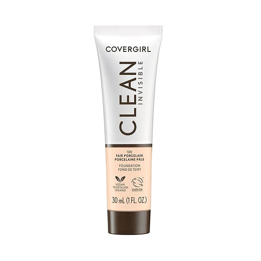 COVERGIRL Clean Invisible Foundation Makeup, Dewy & Glowy Natural Finish, Buildable Coverage, Skin-Like Smooth Look, Vegan, Fair Porcelain, 1oz