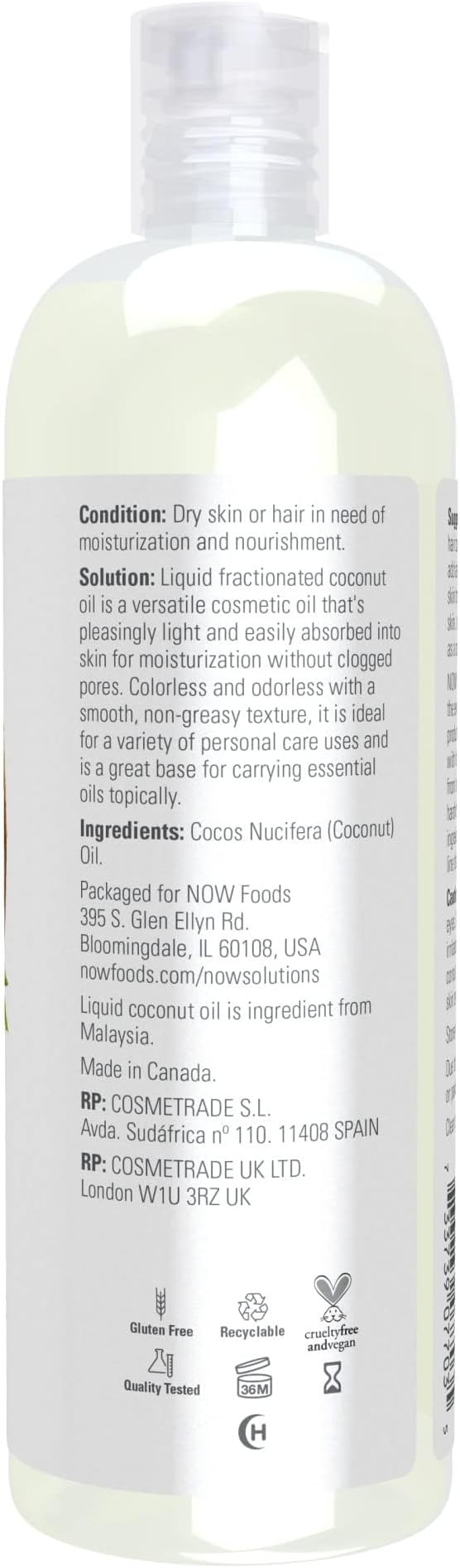 NOW Foods Solutions, Liquid Coconut Oil, Light and Nourishing, Promotes Healthy-Looking Skin and Hair, 16-Ounce