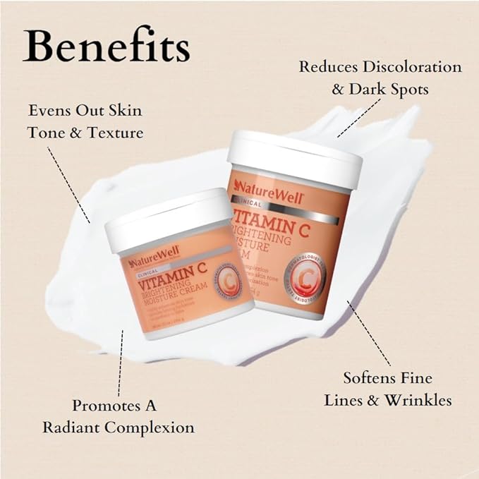 NATURE WELL Clinical Vitamin C Brightening Moisture Cream for Face & Body, Anti-Aging Skincare, Firming, Nourishing Hydration, Reduces Discoloration, Improves Overall Tone & Texture, 10 Oz