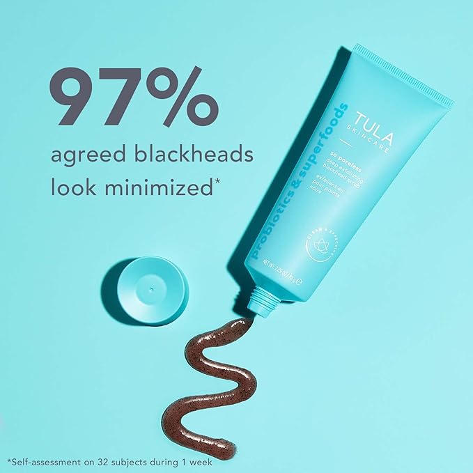 TULA Skin Care So Poreless Exfoliating Blackhead Scrub - Powerful and Gentle Exfoliation, Refreshing and Smoothing, Contains Probiotic Extracts, Volcanic Sand, Pink Salt, and Witch Hazel, 2.89 oz.