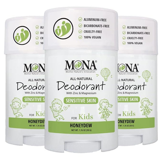 MONA All Natural Deodorant for Kids | Safe for Kids | Vegan, Hypoallergenic & Free from Baking Soda, Aluminum & Synthetic Scents (3-PK HONEYDEW 1.76 Oz each)