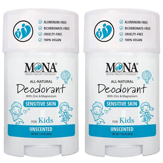 MONA Brands UNSCENTED All Natural Deodorant for Kids | Safe for Kids, Preteens, Teens, Boys and Girls | Baking Soda Free, Aluminum Free, Vegan (2-PK UNSCENTED 1.76 Oz each)