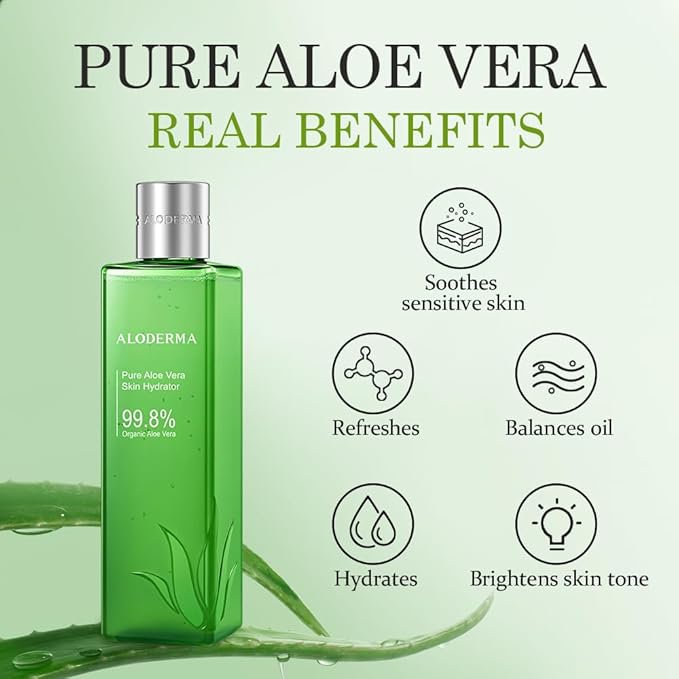 Aloderma 99.8% Organic Aloe Vera Face Hydrator Made Within 12 Hours of Harvest - Moisturizing & Hydrating Facial Toner for Oily Skin, Soothing Aloe Toner for Balanced, Smooth Skin Texture, 240ml, 6ct