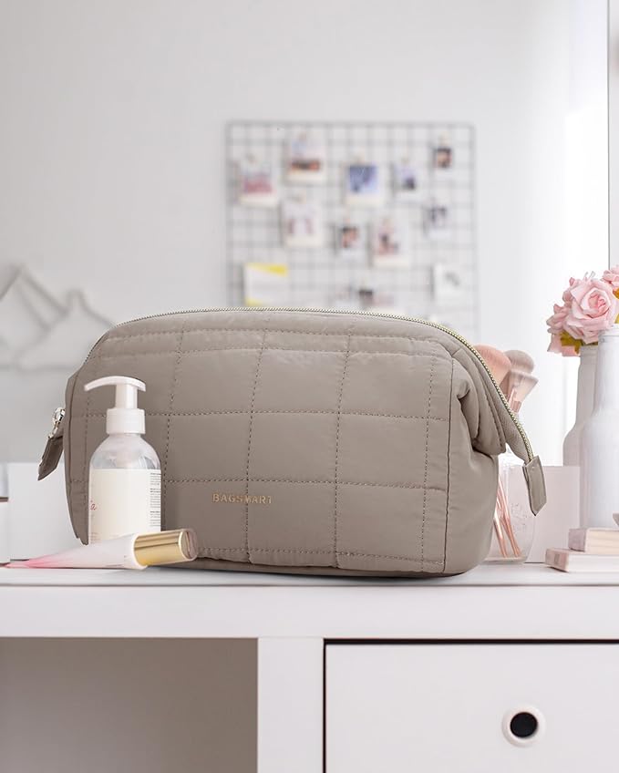 BAGSMART Makeup Bag Travel Toiletry Bag, Puffy Padded Make Up Bags for Women Makeup Organizer Case, Wide-open Pouch Purse Travel Essentials Toiletries Accessories Brushes, Camel