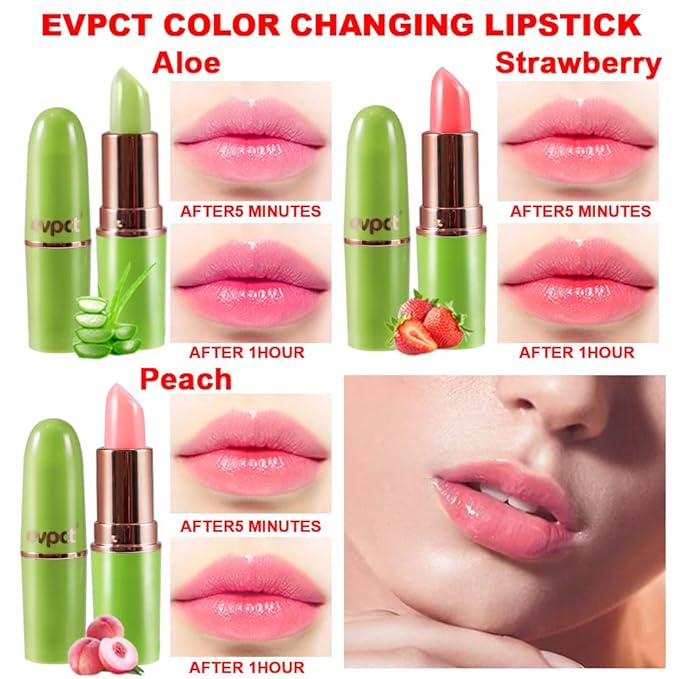 evpct 3Pcs Magic Color Changing Lipstick Long Lasting Waterproof 24 Hours Original for Women, Aloe Vera Strawberry Peach Pink PH Mood Permanent Color Changing Lipstick Lip Balm Gloss, labial magico