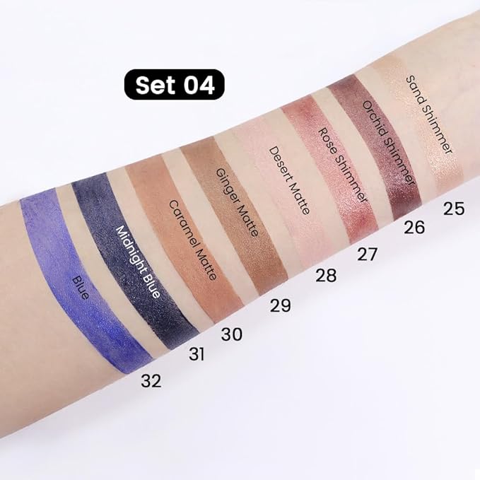 evpct 8Pcs Cream Eye Shadow Brightener Sticks Set for Eyes, Sand Orchid Rose Desert Ginger Caramel Midnight blue Blue Glitter Shimmer Matte Liquid Pencil Eye shadow Applicator Stick Palette Makeup 04