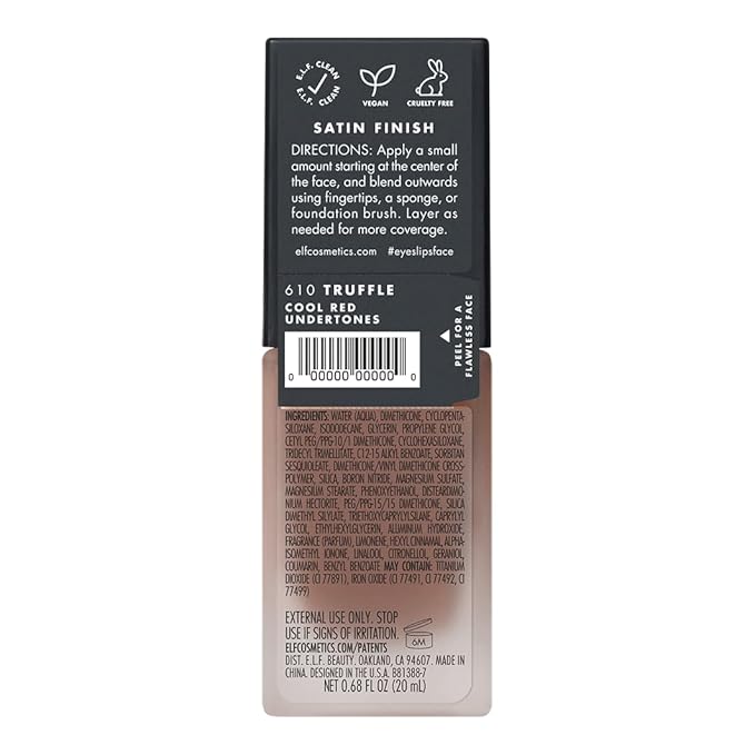 e.l.f. Flawless Satin Foundation, Lightweight & Medium Coverage, Semi-Matte Finish, Vegan & Cruelty-Free, Truffle, 0.68 Fl Oz (20mL)
