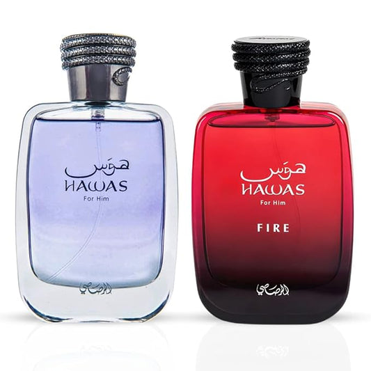 RASASI Hawas For Him & Hawas Fire Eau De Parfum Sprays 100ML (3.4 OZ) Unleash Your Power With Fresh, Intense Notes & Embrace Lasting, Refined Masculine Scents. (BUNDLE)