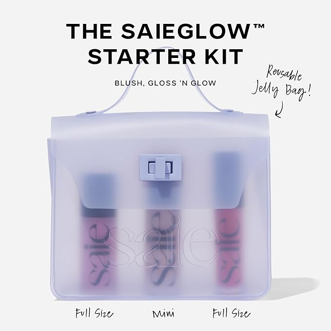 Saie SaieGlow Starter Kit - Hydrating + Highlighting Makeup Kit with Glowy Super Gel in Roseglow, Dew Blush in Baby, and Glossybounce Lip Gloss in Play (3 Count)
