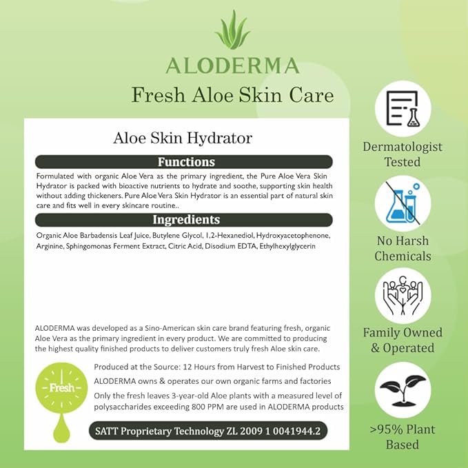 Aloderma 99.8% Organic Aloe Vera Face Hydrator Made Within 12 Hours of Harvest - Moisturizing & Hydrating Facial Toner for Oily Skin, Soothing Aloe Toner for Balanced, Smooth Skin Texture, 240ml, 6ct