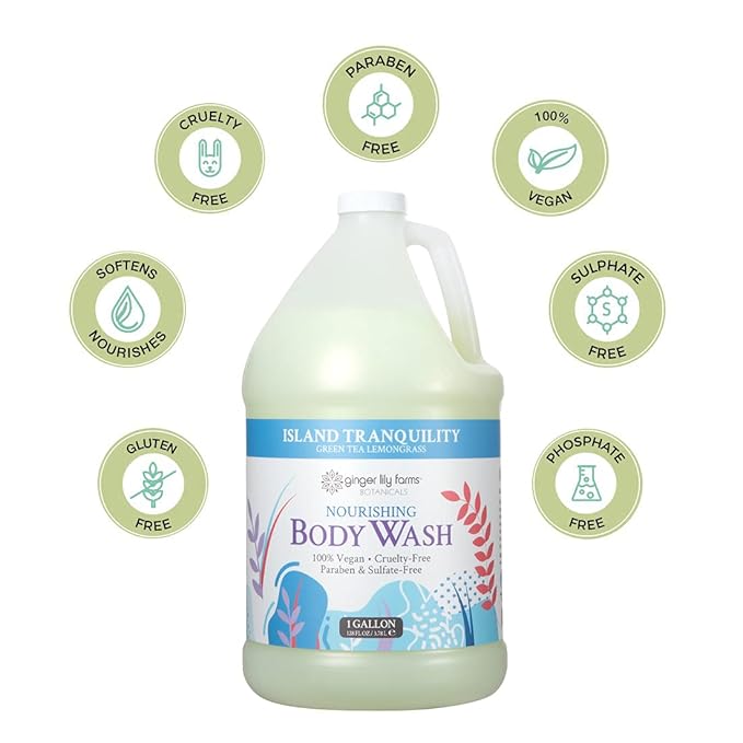 Ginger Lily Farms Botanicals Nourishing Body Wash, Island Tranquility, 100% Vegan & Cruelty-Free, Green Tea Lemongrass Scent, 1 Gallon Refill (Pack of 4)