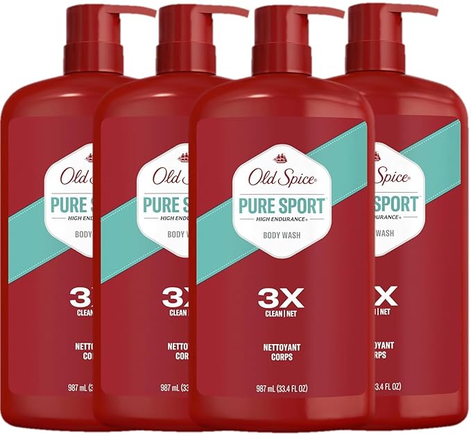 Old Spice Refreshing Body Wash for Men, High Endurance, 3X Defense, 24/7 Shower Fresh with Long Lasting Scent, Pure Sport Scent, 33.4 oz (Pack of 4)