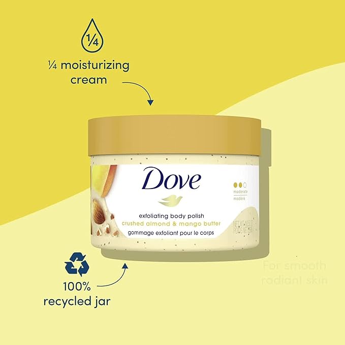 Dove Exfoliating Body Polish Body Scrub Crushed Almond and Mango Butter 4 Count Exfoliating Scrub for Dry Skin Gently Exfoliates to Reveal Healthy Skin 10.5 oz
