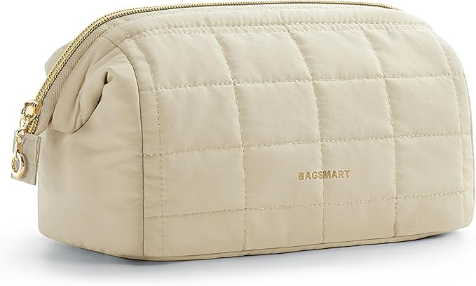 BAGSMART Makeup Bag Cosmetic Bag Wide Open, Beige, M, Wide-open Travel Makeup Bag With Puffy Padded and Rectangular Quilted