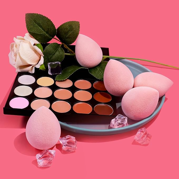 BEAKEY Makeup Sponge Set, Foundation Blending Sponge, Beauty Sponges Flawless for Liquid, Cream, and Powder, Microfiber Latex-Free and Vegan Boun Boun Sponges, 5 Pcs Pink Makeup Sponges