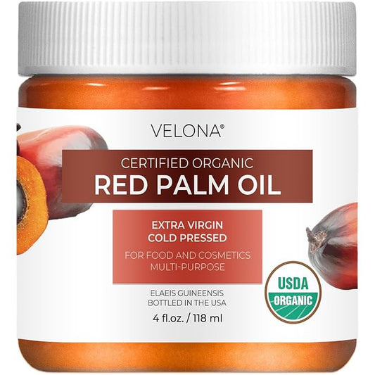velona USDA Certified Organic Red Palm Oil 4 Fl Oz | Food and Cosmetic Grade | in jar | Extra Virgin, Cold Pressed | Skin, Face, Body, Hair Care | Use Today - Enjoy Results