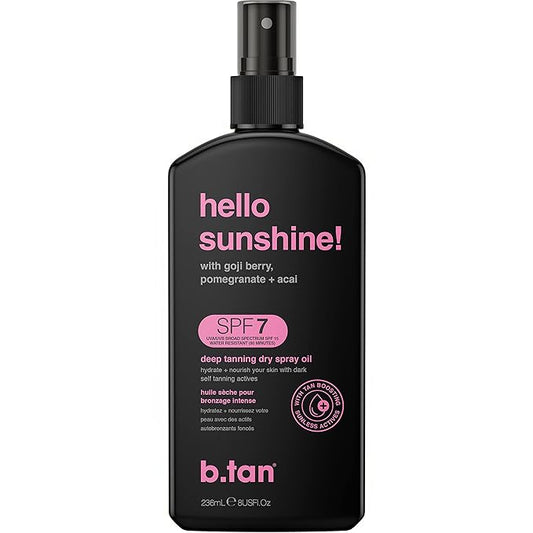 b.tan SPF 7 Deep Tanning Dry Spray | Hello Sunshine Tanning Oil - Enriched w/Bronzer & Tan Boosting Actives, Deeply Nourishes Skin w/Goji Berry, Pomegranate + Açai, Vegan, Cruelty Free, 8 Fl Oz