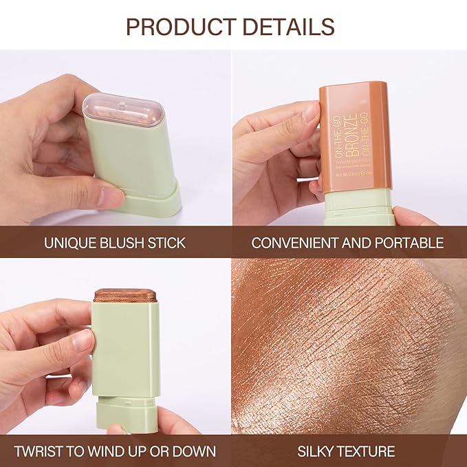 Cream Bronzer Stick,Contour Stick Facial Contouring Stick,Long Lasting Highlighter Waterproof Highlight Makeup,Buildable Shimmer Sparkle Face Bronzer Face Shaping,04 Beach Glow