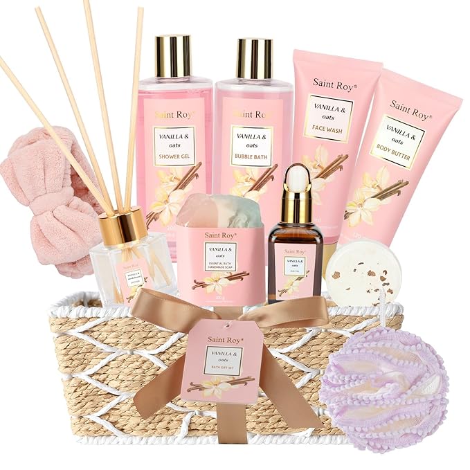 Bath and Body Gift Baskets for Women, 12 Pcs Vanilla Oat Spa Gifts for Women. Bath Gift Set Enriched Shea Butter. Home Spa with Shower Gel, Body Oil, Saint Roy Gifts for Mom