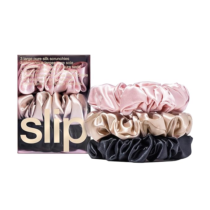 slip Large Scrunchie Multi | Set of 3 Pure Silk Large Scrunchies | Includes 1 Pink, 1 Caramel, 1 Black | 100% Mulberry Silk, Anti-Crease, Gentle on Hair, Reduces Breakage | Stylish & Durable