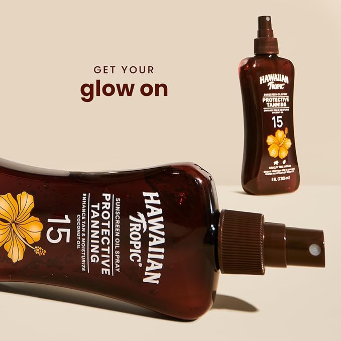 Hawaiian Tropic Protective Tanning Oil Spray Sunscreen SPF 15, 8oz | Tanning Sunscreen, Tanning Oil with SPF, Moisturizing Body Oil, Hawaiian Tropic Oil, Oxybenzone Free Outdoor Tanning Oil, 8oz