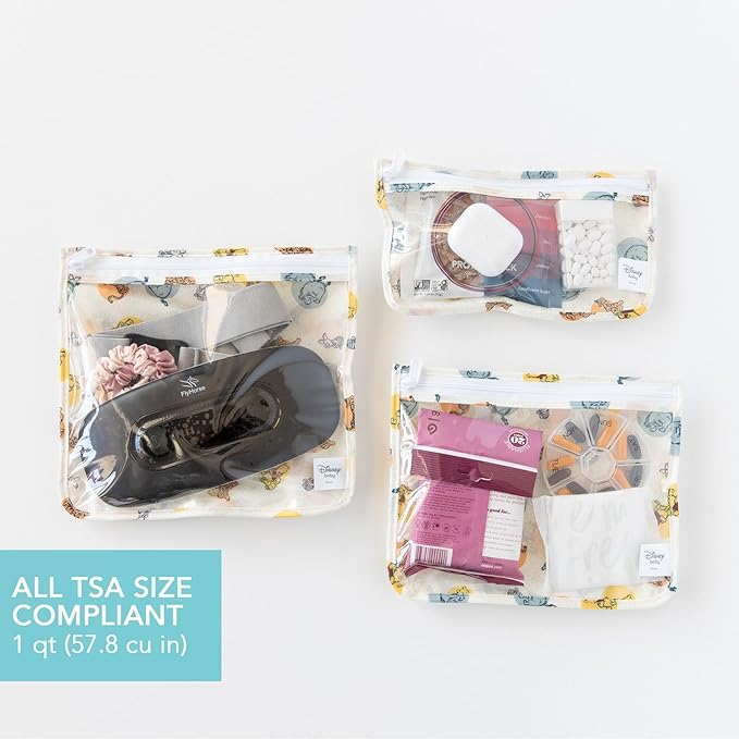 Bumkins Disney Travel Bag, Toiletry, TSA Approved Pouch, Zip Bag, Quart Size Airline Compliant, Clear-Sided, Baby, Diaper Bag Organization, Accessories, Packing, Set of 3 Sizes, Winnie the Pooh