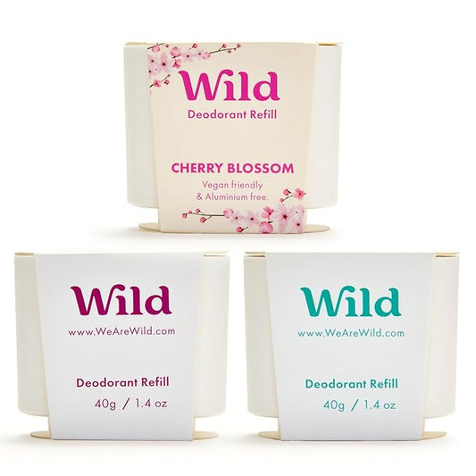 Wild - Refillable Deodorant Variety Pack - Aluminum Free - Scents Include Fresh Cotton & Sea Salt, Cherry Blossom and Coconut & Vanilla - Long Lasting Protection