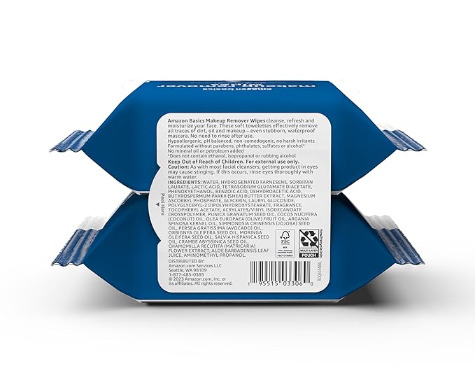 Amazon Basics Make Up Remover Wipes, Original, 25 Count, Pack of 2 (Previously Solimo)