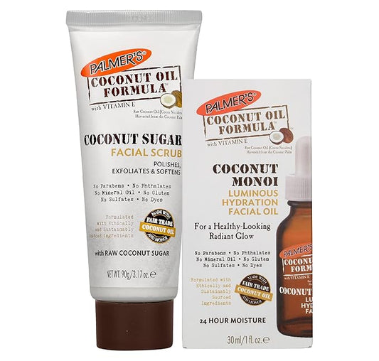 Palmer's Face Oil + Face Scrub, Coconut Oil Formula with Vitamin E Skin Care Bundle, Made with Fair Trade Coconut Oil & Monoi, Includes 1 Facial Oil (1 fl oz) and 1 Face Exfoliator (3.17 oz)