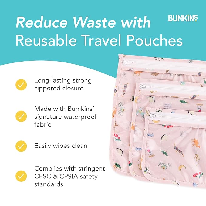 Bumkins Disney Travel Bag, Toiletry, TSA Approved Pouch, Zip Bag, Quart Size Airline Compliant, Clear-Sided, Baby, Diaper Bag Organization, Accessories, Packing, Set of 3 Sizes, Princess Magic Pink