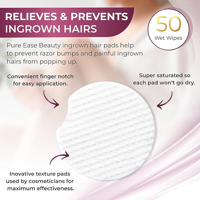 Ingrown Hair Treatment & Exfoliating Pads – 50 Pre-Soaked Wipes for Razor Bumps Treatment for Women – Skin-Smoothing Formula for Face, Neck, Underarms & Bikini Area