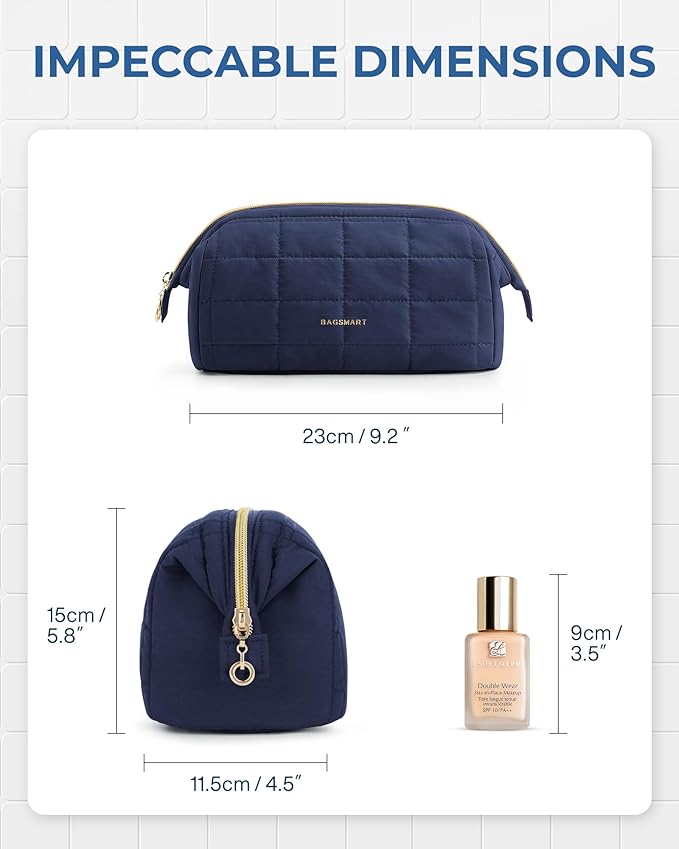 BAGSMART Makeup Bag Travel Toiletry Bag, Puffy Padded Make Up Bags for Women Makeup Organizer Case, Wide-open Pouch Purse Travel Essentials Toiletries Accessories Brushes, Navy Blue