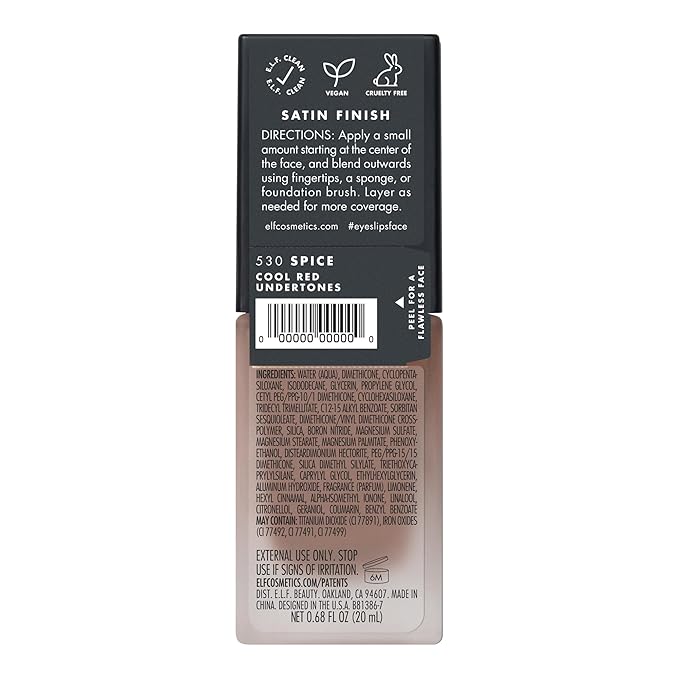 e.l.f. Flawless Satin Foundation, Lightweight & Medium Coverage, Semi-Matte Finish, Vegan & Cruelty-Free, Spice, 0.68 Fl Oz (20mL)