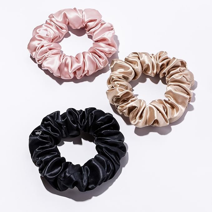 slip Large Scrunchie Multi | Set of 3 Pure Silk Large Scrunchies | Includes 1 Pink, 1 Caramel, 1 Black | 100% Mulberry Silk, Anti-Crease, Gentle on Hair, Reduces Breakage | Stylish & Durable