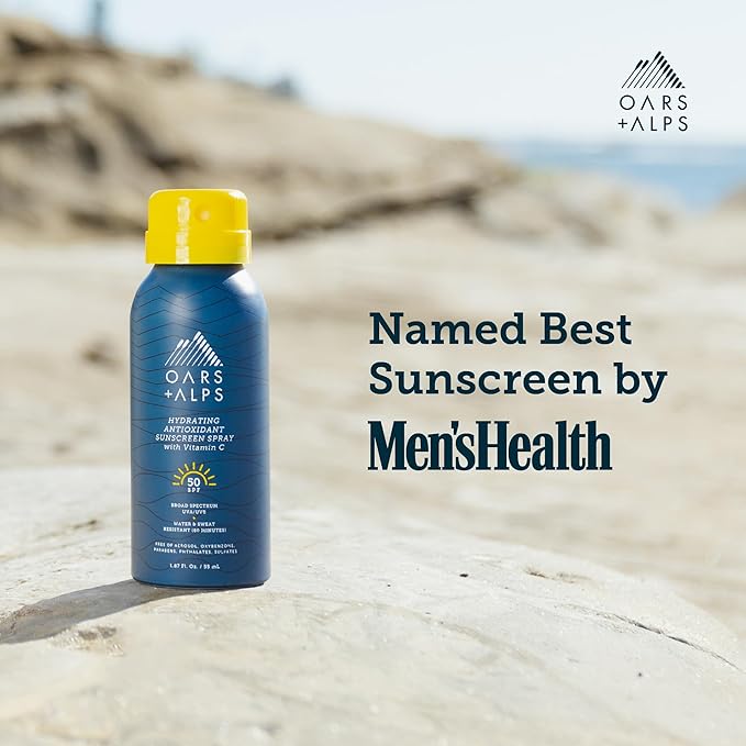 Oars + Alps Travel Sunscreen Spray for Face & Body, SPF 50 Spray Sunscreen Infused with Vitamin C & Antioxidants, No White Residue, Water & Sweat Resistant, Lightweight, Hydrating, 1.87oz, 3pk