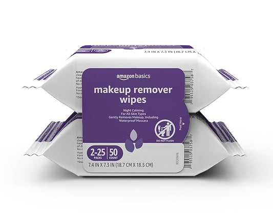 Amazon Basics Make Up Remover Wipes, Night Calming, 25 Count, Pack of 2 (Previously Solimo)
