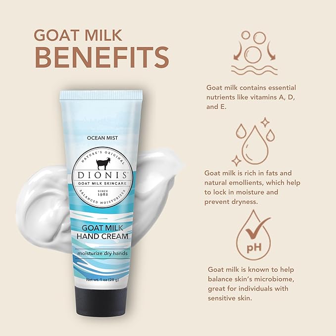 Dionis - Goat Milk Skincare Scented Hand Cream, Travel Size Self Care Moisturizing Lotion For Women, Vitamins & Minerals Hydrate Dry Skin - Cruelty Free, Paraben Free, Ocean Mist, 1oz Set of 6