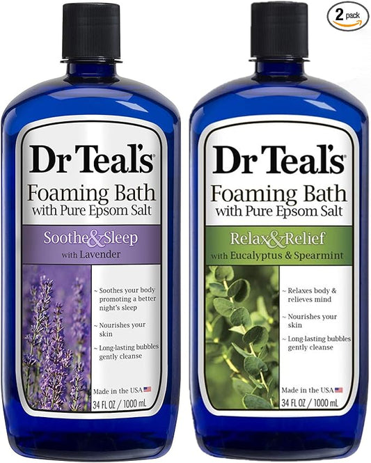 Dr Teal's Foaming Bath Variety Gift Set (2 Pack, 34oz ea.) - Soothe & Sleep Lavender & Relax & Relief Eucalyptus & Spearmint - Pure Epsom Salt & Essential Oils Alleviate Stress & Clear The Mind