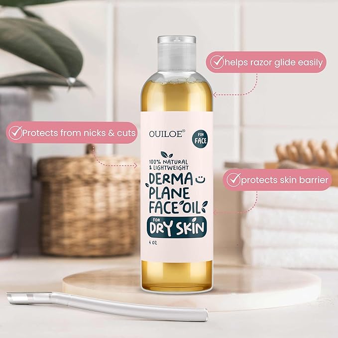 Dermaplane Oil for Women with Dry Skin - Face Shaving Oil - Non Comedogenic, Fragrance Free, Natural & Lightweight - Use with Dermaplane Razor for Women Face, 2oz by Ouiloe