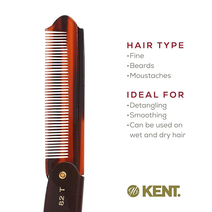Kent 82T Handmade Folding Pocket Comb for Men, Fine Tooth Hair Comb Straightener for Everyday Grooming Styling Hair, Beard or Mustache, Use Dry or with Balms, Saw Cut Hand Polished, Made in England