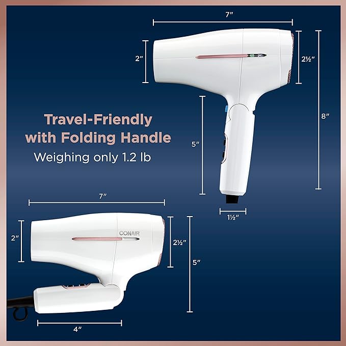 Conair Hair Dryer, Worldwide Travel Hair Dryer with Smart Voltage Technology and Folding Handle, Includes Concentrator