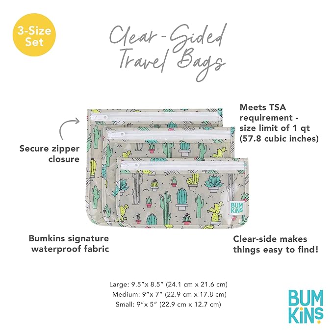 Bumkins Travel Bag, Toiletry, TSA Approved Pouch, Zip Bag, Quart Size Airline Compliant, Clear-Sided, Baby, Diaper Bag Organization, Makeup, Accessories, Packing, Set of 3 Sizes, Cactus Green