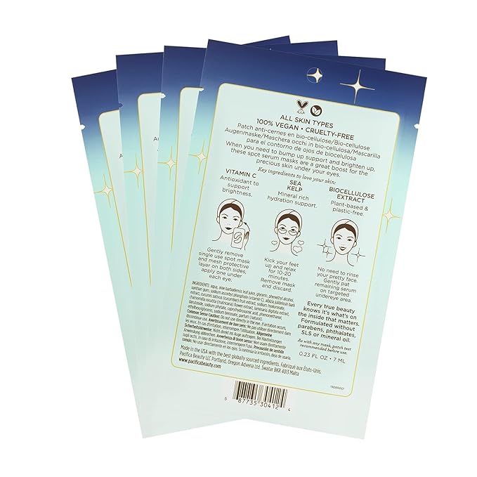 Pacifica Undereye Spot Serum Mask – Bright Eye Vitamin C Mask for Dark Circles & Hydration, Brightening Under Eye Treatment, Vegan & Cruelty-Free, 4 Pack